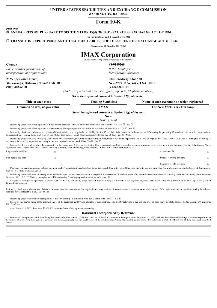 IMAX Corporation（IMAX）2022财年年度报告（英文版）