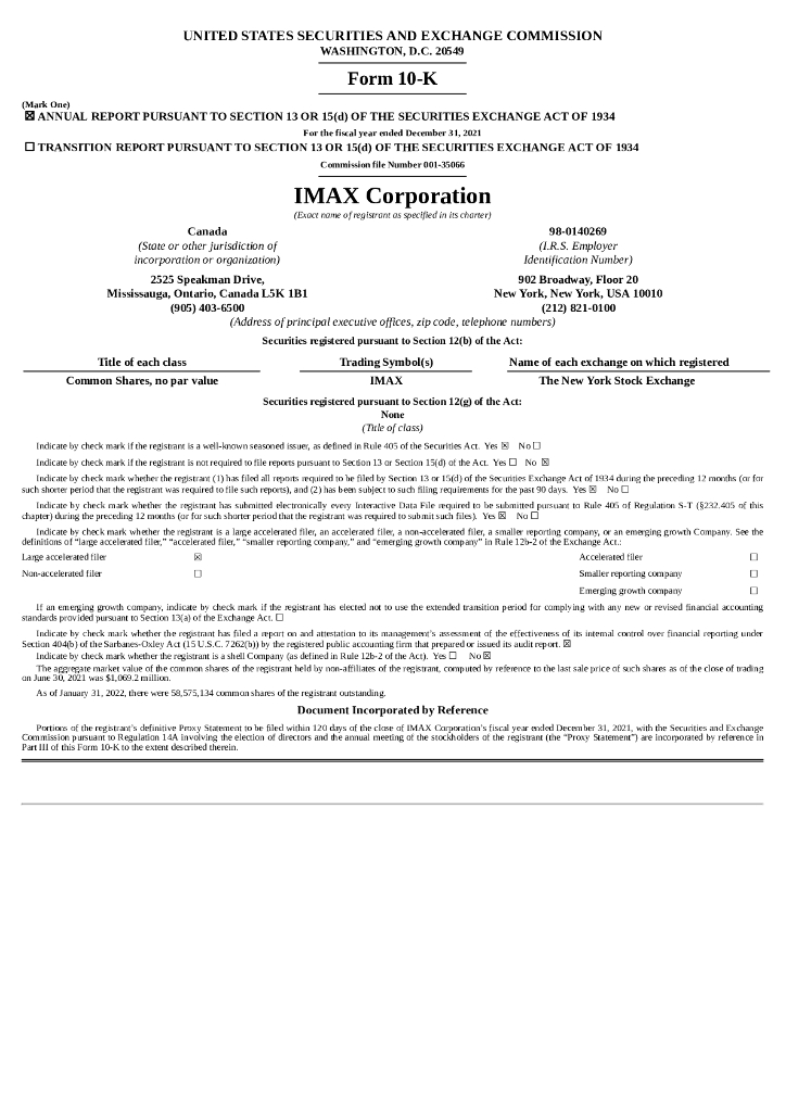 IMAX Corporation（IMAX）2021财年年度报告（英文版）