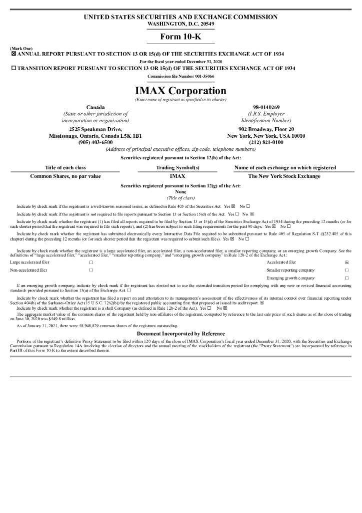 IMAX Corporation（IMAX）2020财年年度报告（英文版）