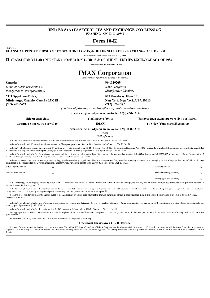 IMAX Corporation（IMAX）2023财年年度报告（英文版）