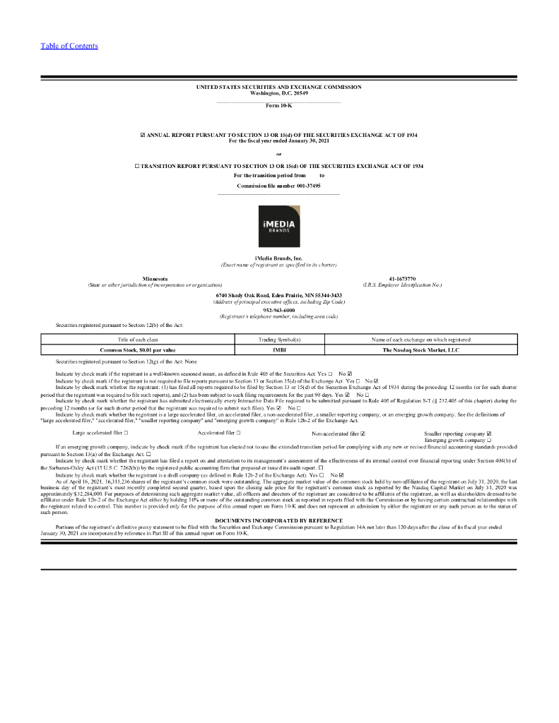 iMedia Brands,Inc.（IMBI）2020财年年度报告（英文版）