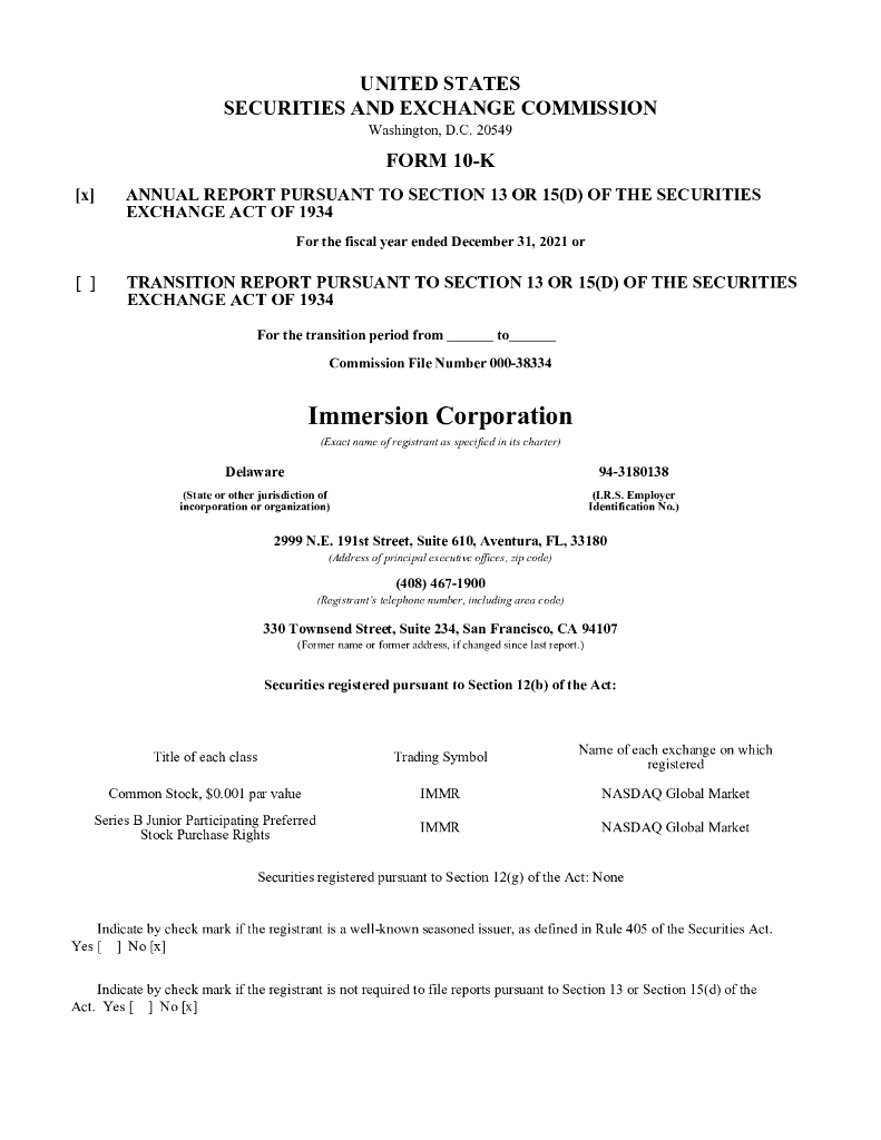 Immersion（IMMR）2021财年年度报告（英文版）