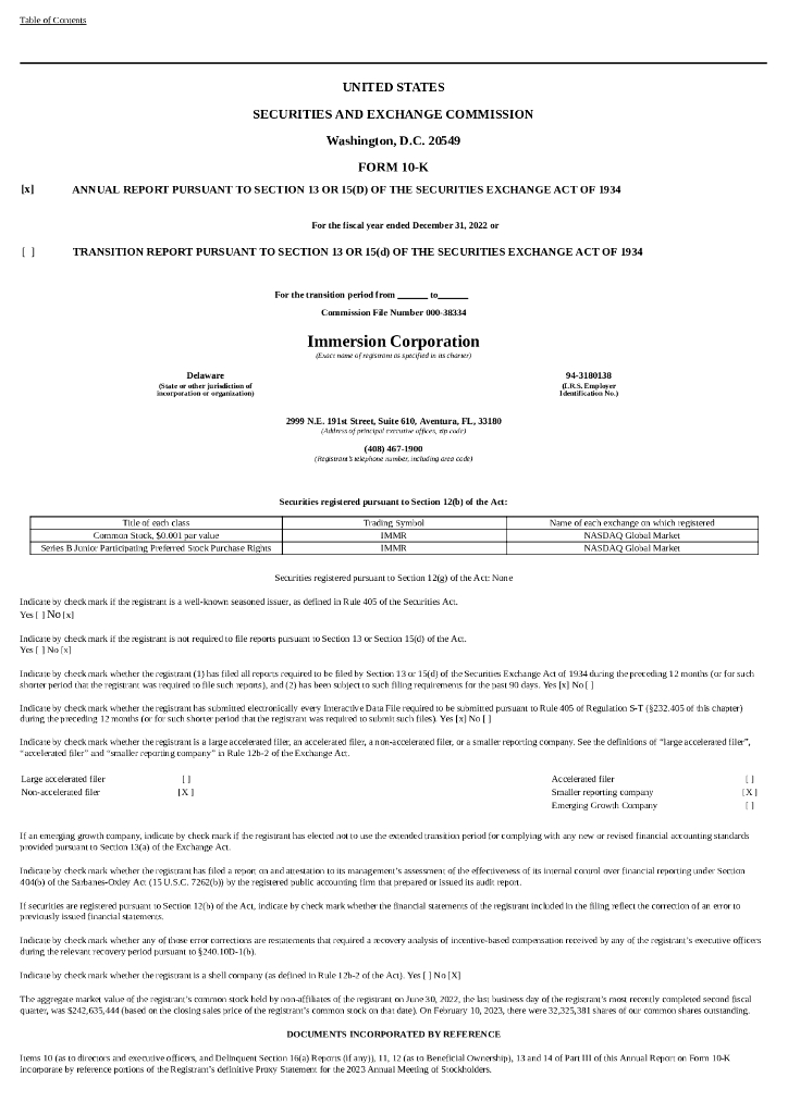 Immersion（IMMR）2022财年年度报告（英文版）