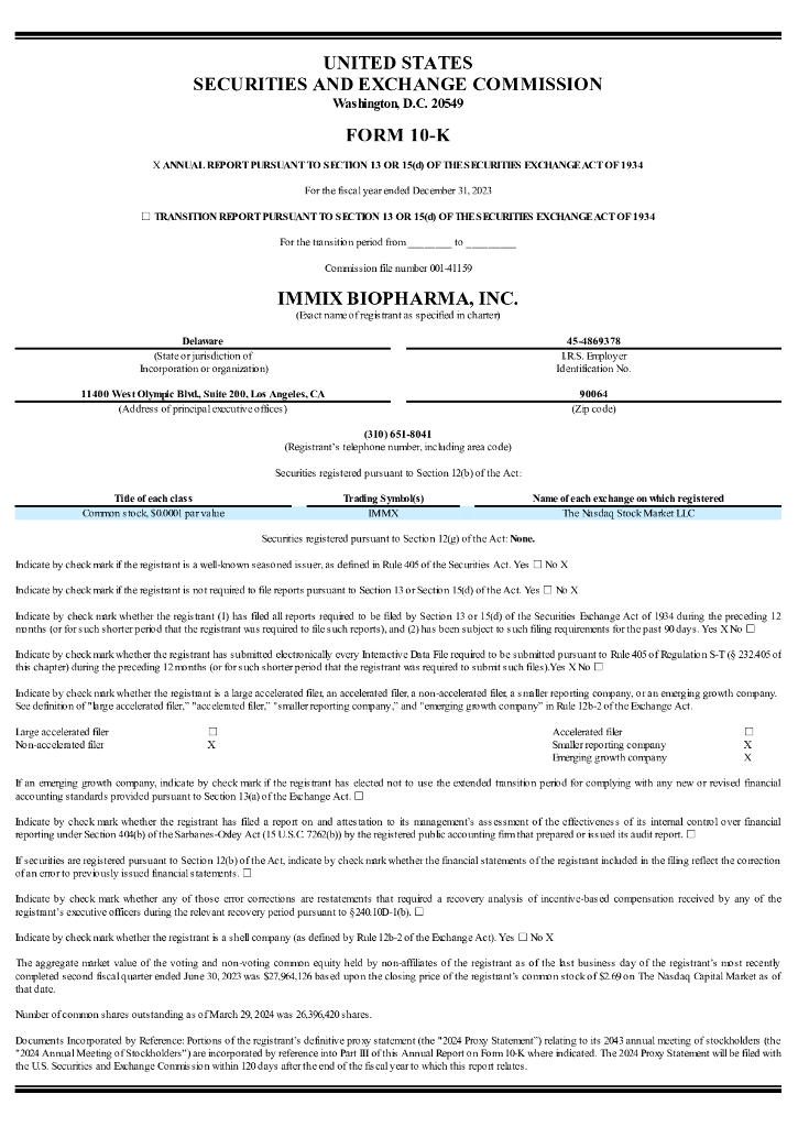 Immix Biopharma,Inc.（IMMX）2023财年年度报告（英文版）