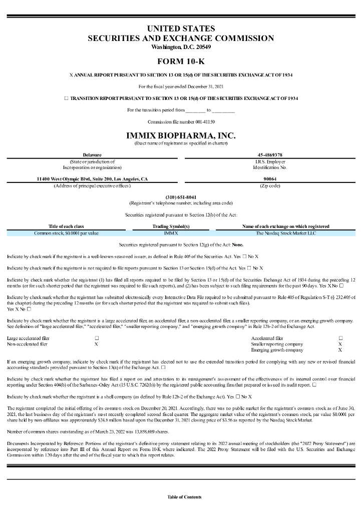 Immix Biopharma,Inc.（IMMX）2021财年年度报告（英文版）