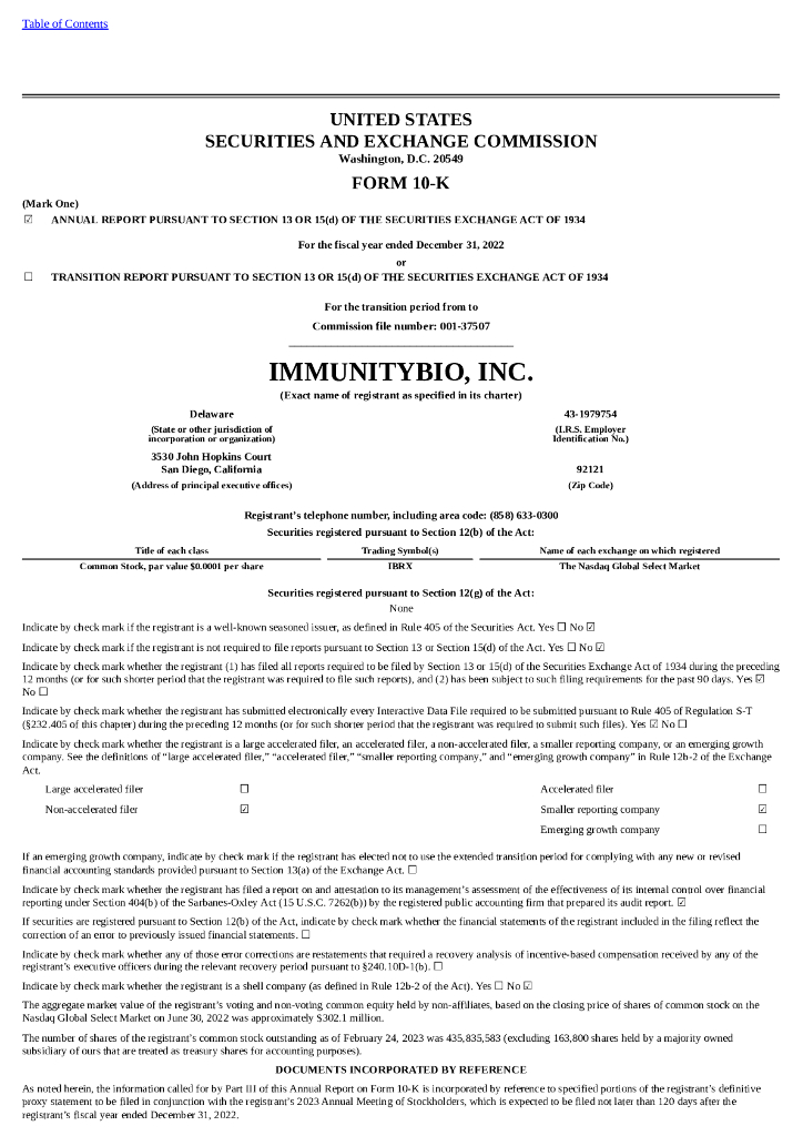 ImmunityBio,Inc.（IBRX）2022财年年度报告（英文版）