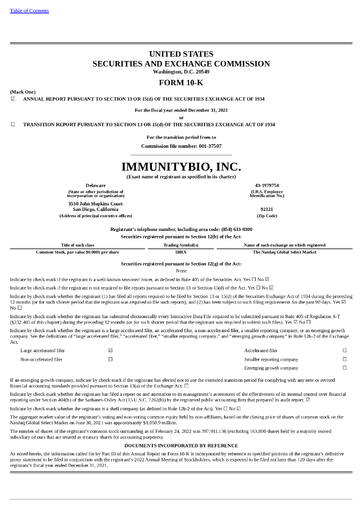 ImmunityBio,Inc.（IBRX）2021财年年度报告（英文版）