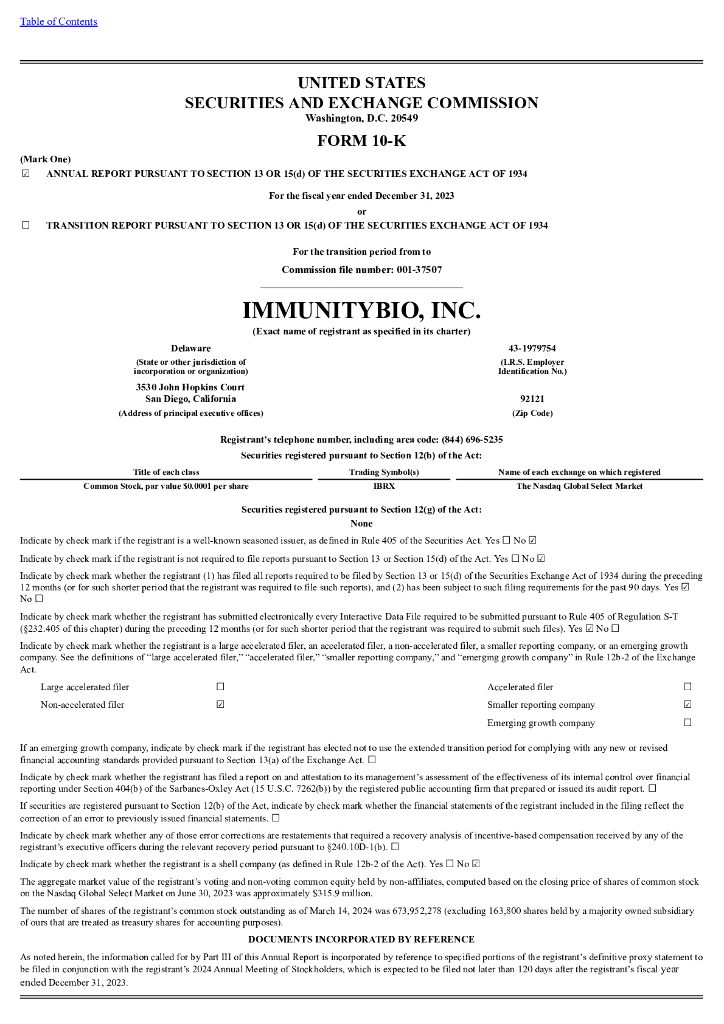 ImmunityBio,Inc.（IBRX）2023财年年度报告（英文版）