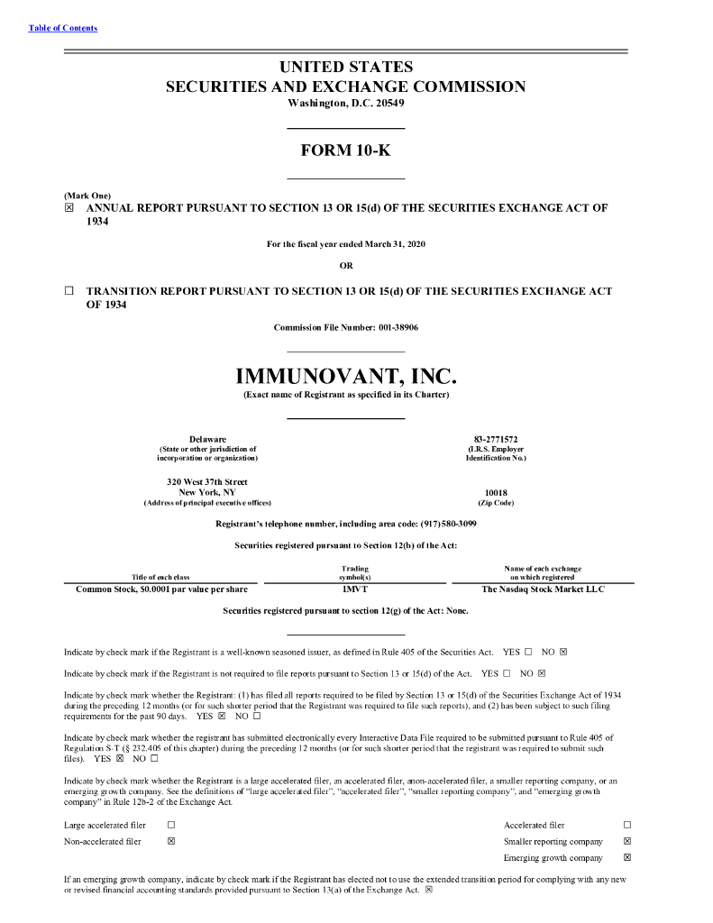 Immunovant,Inc.（IMVT）2020财年年度报告（英文版）