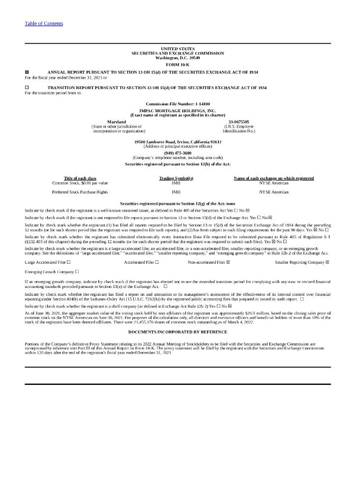 Impac Mortgage Holdings（IMH）2021财年年度报告（英文版）