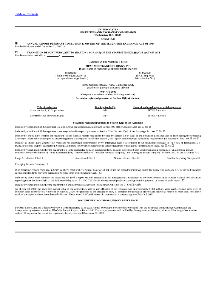 Impac Mortgage Holdings（IMH）2020财年年度报告（英文版）
