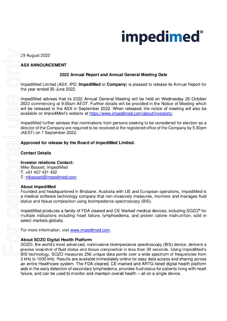 ImpediMed Limited（IPD）2022财年年度报告（英文版）