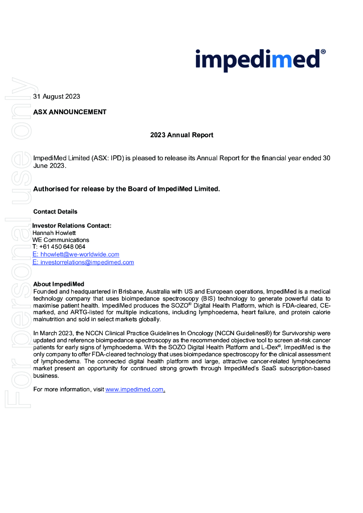 ImpediMed Limited（IPD）2023财年年度报告（英文版）