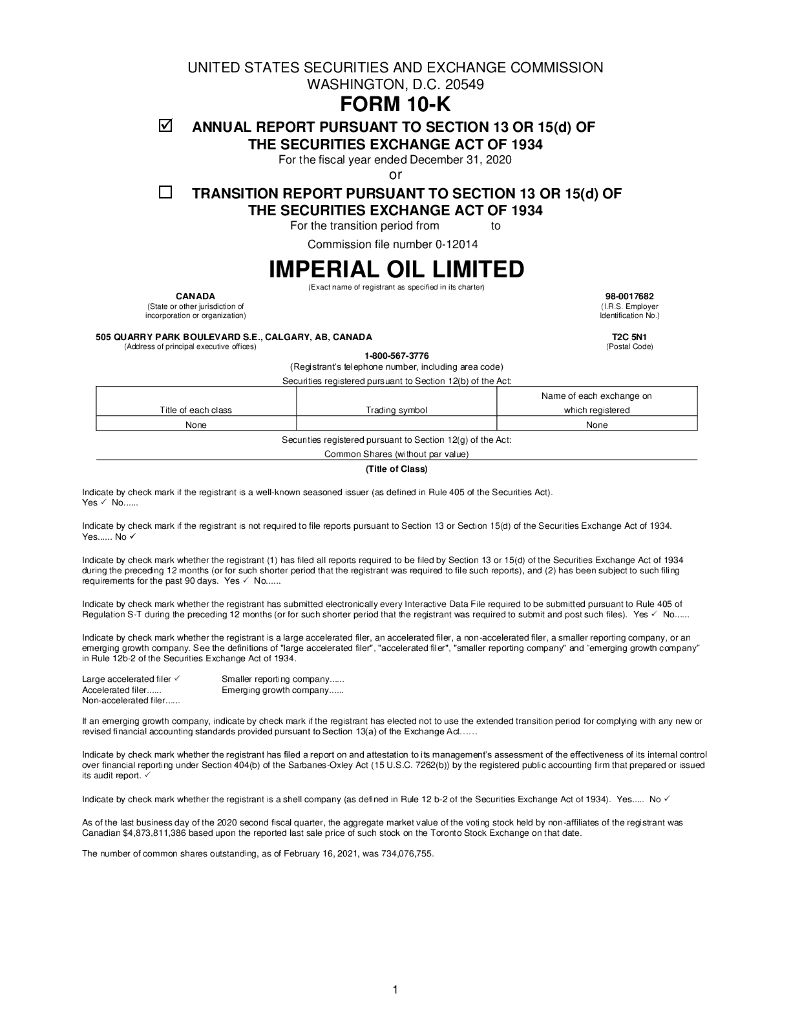 Imperial Oil Limited（IMO）2020财年年度报告（英文版）