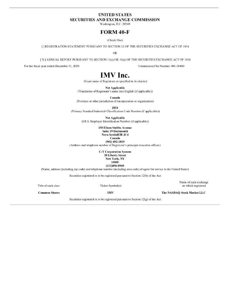 IMV Inc.（IMV）2020财年年度报告（英文版）