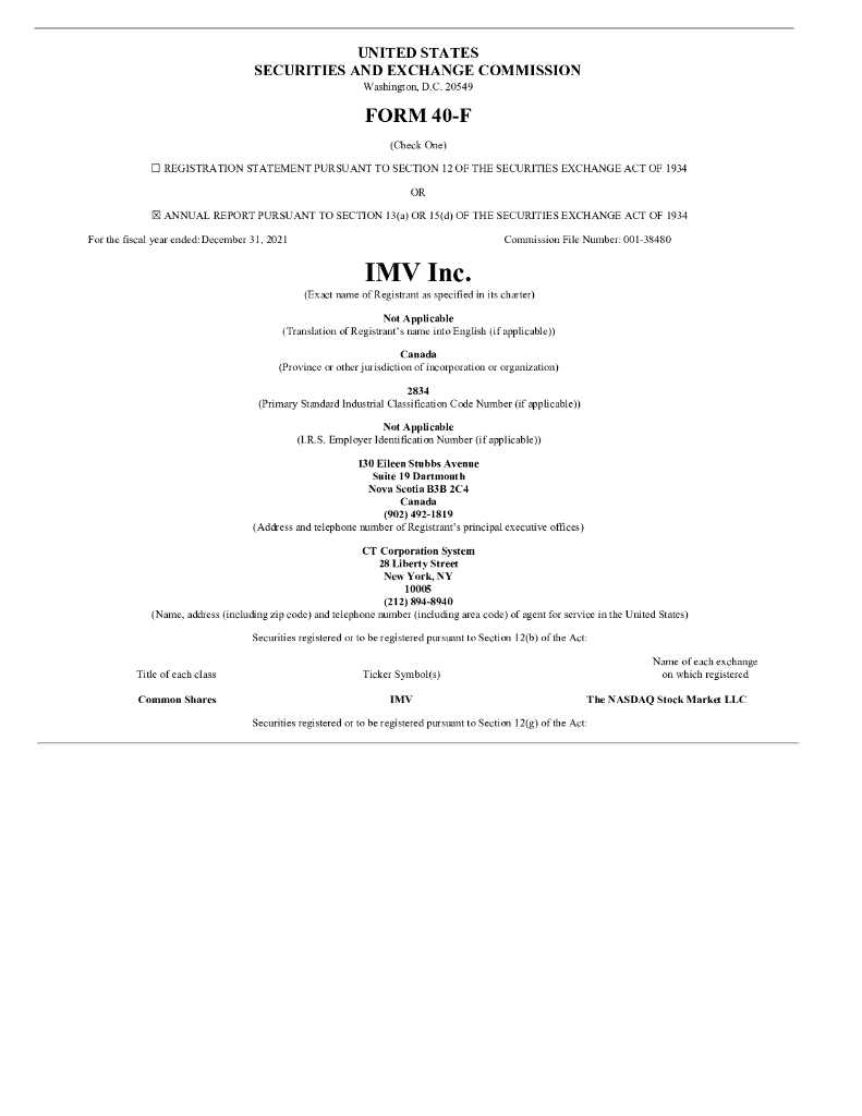 IMV Inc.（IMV）2021财年年度报告（英文版）