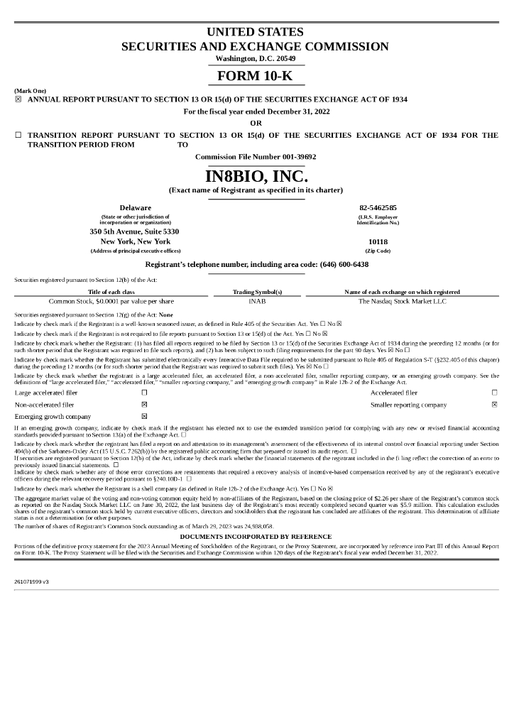 IN8bio,Inc.（INAB）2022财年年度报告（英文版）