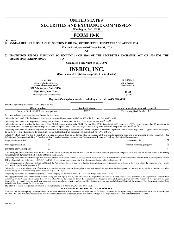 IN8bio,Inc.（INAB）2023财年年度报告（英文版）