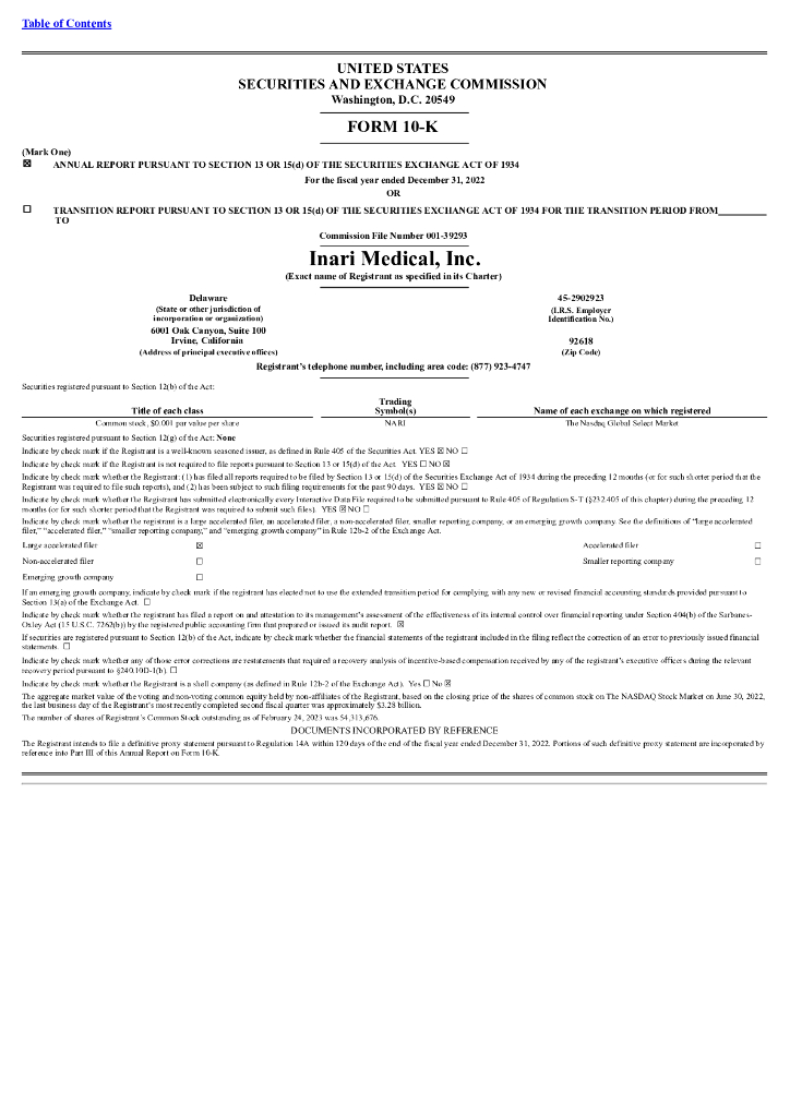 Inari Medical,Inc.（NARI）2022财年年度报告（英文版）