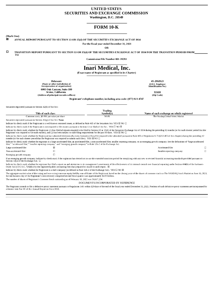 Inari Medical,Inc.（NARI）2021财年年度报告（英文版）