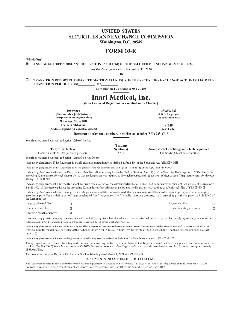 Inari Medical,Inc.（NARI）2020财年年度报告（英文版）