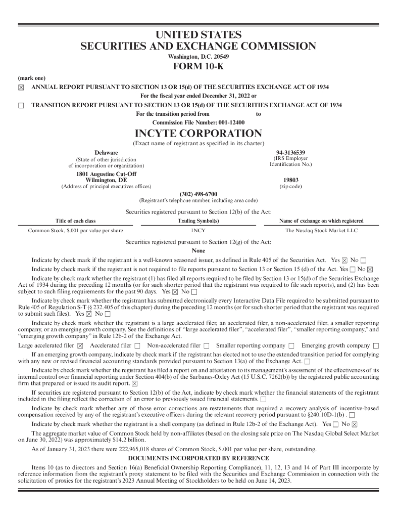 Incyte Corporation（INCY）2022财年年度报告（英文版）