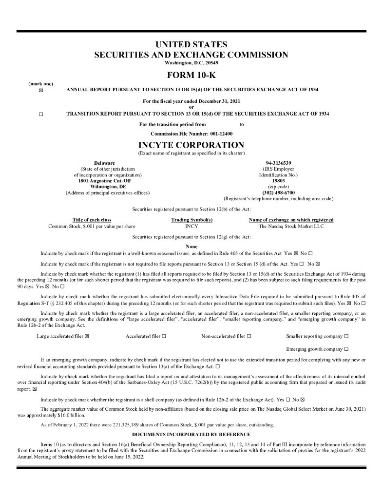 Incyte Corporation（INCY）2021财年年度报告（英文版）