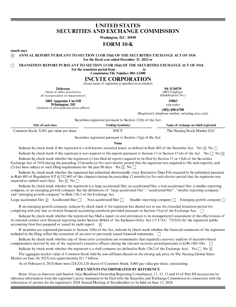 Incyte Corporation（INCY）2023财年年度报告（英文版）
