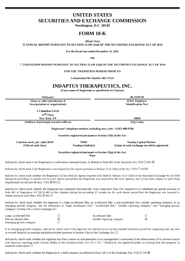 Indaptus Therapeutics,Inc.（INDP）2021财年年度报告（英文版）