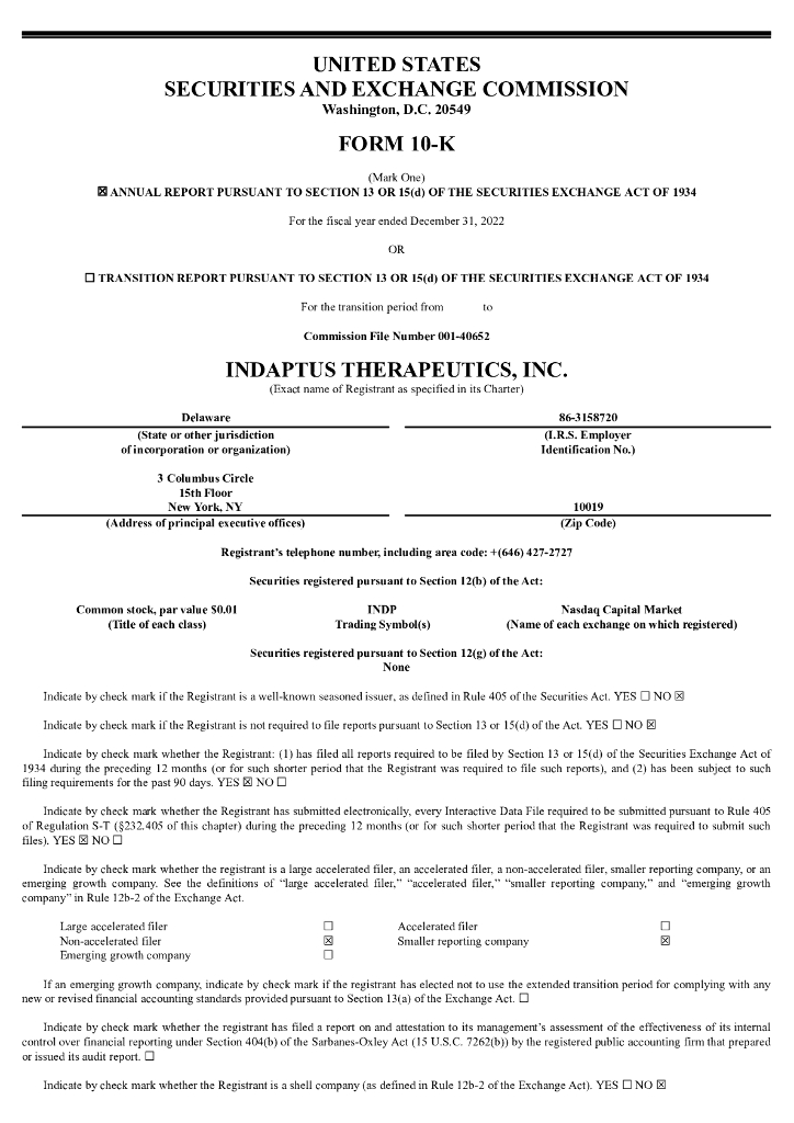 Indaptus Therapeutics,Inc.（INDP）2022财年年度报告（英文版）