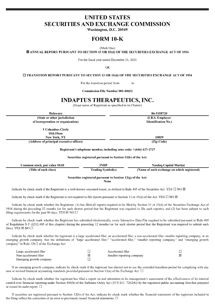 Indaptus Therapeutics,Inc.（INDP）2023财年年度报告（英文版）