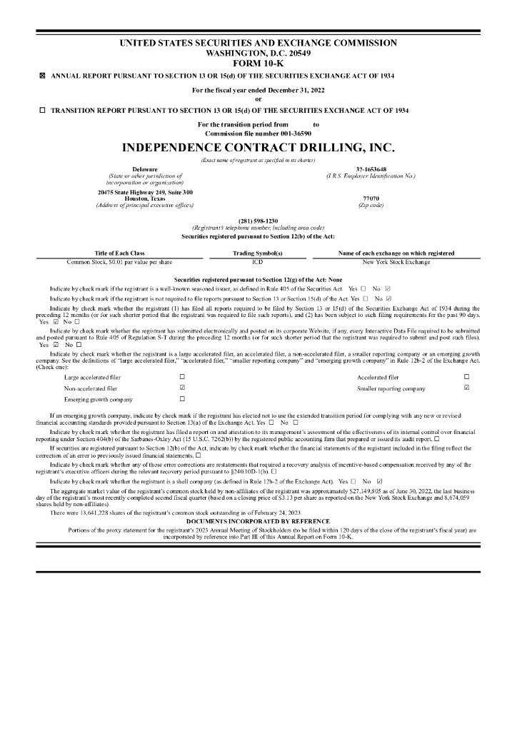 Independence Contract Drilling（ICD）2022财年年度报告（英文版）