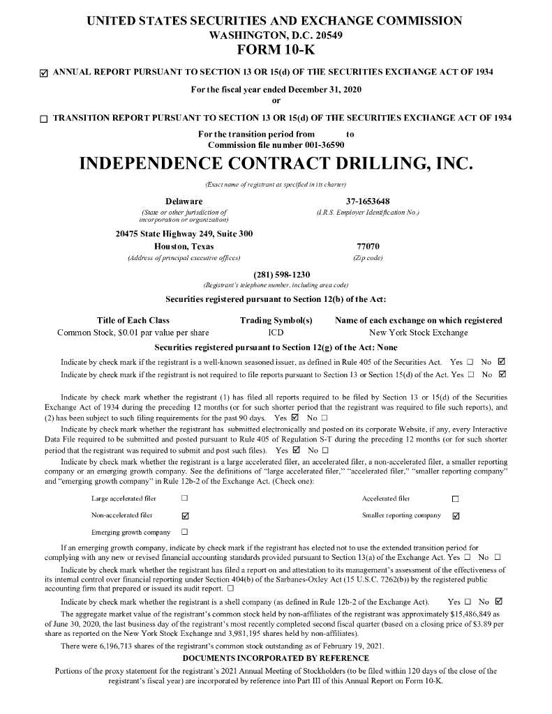 Independence Contract Drilling（ICD）2020财年年度报告（英文版）