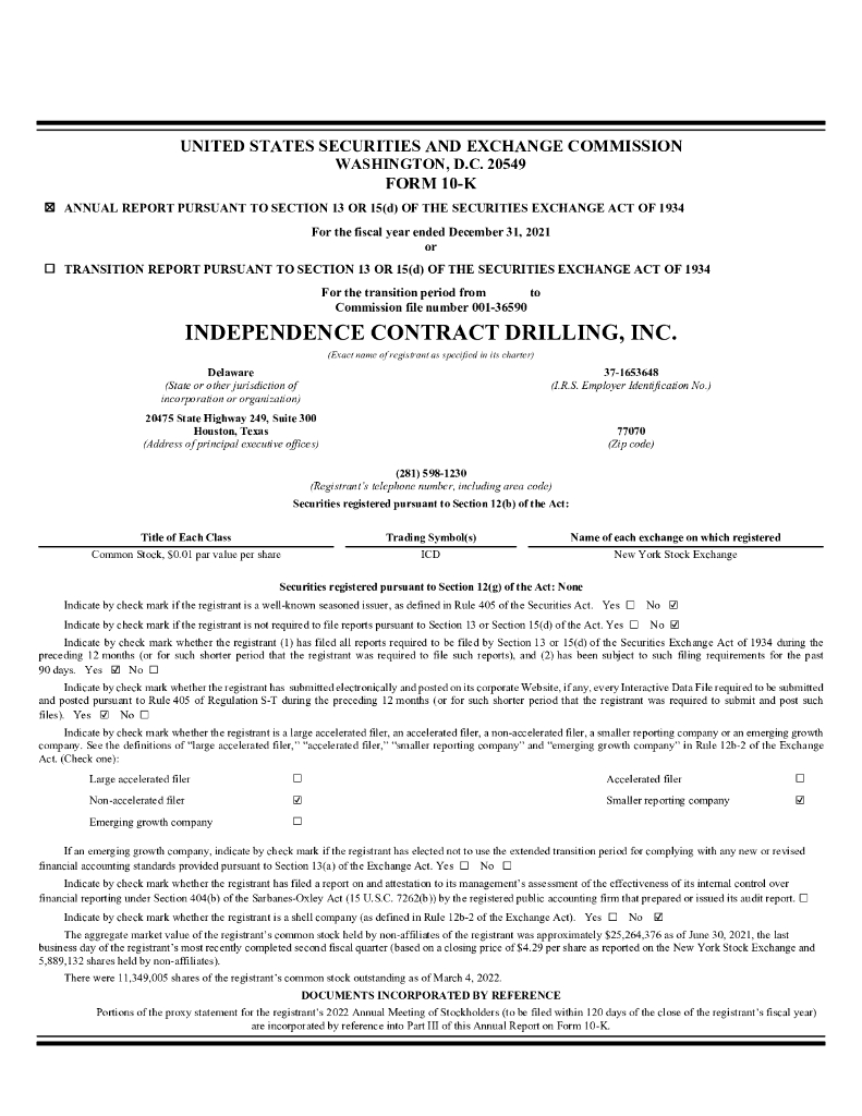 Independence Contract Drilling（ICD）2021财年年度报告（英文版）