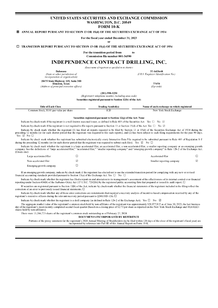 Independence Contract Drilling（ICD）2023财年年度报告（英文版）
