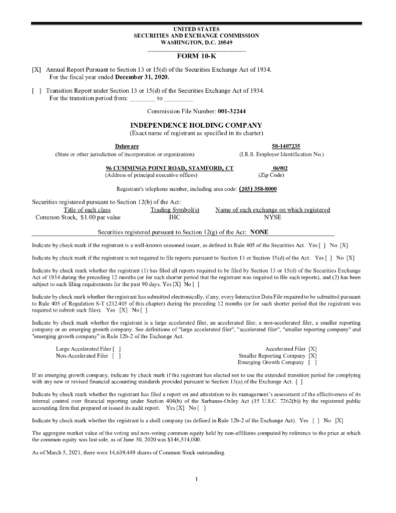 Independence Holding Co.（IHC）2020财年年度报告（英文版）