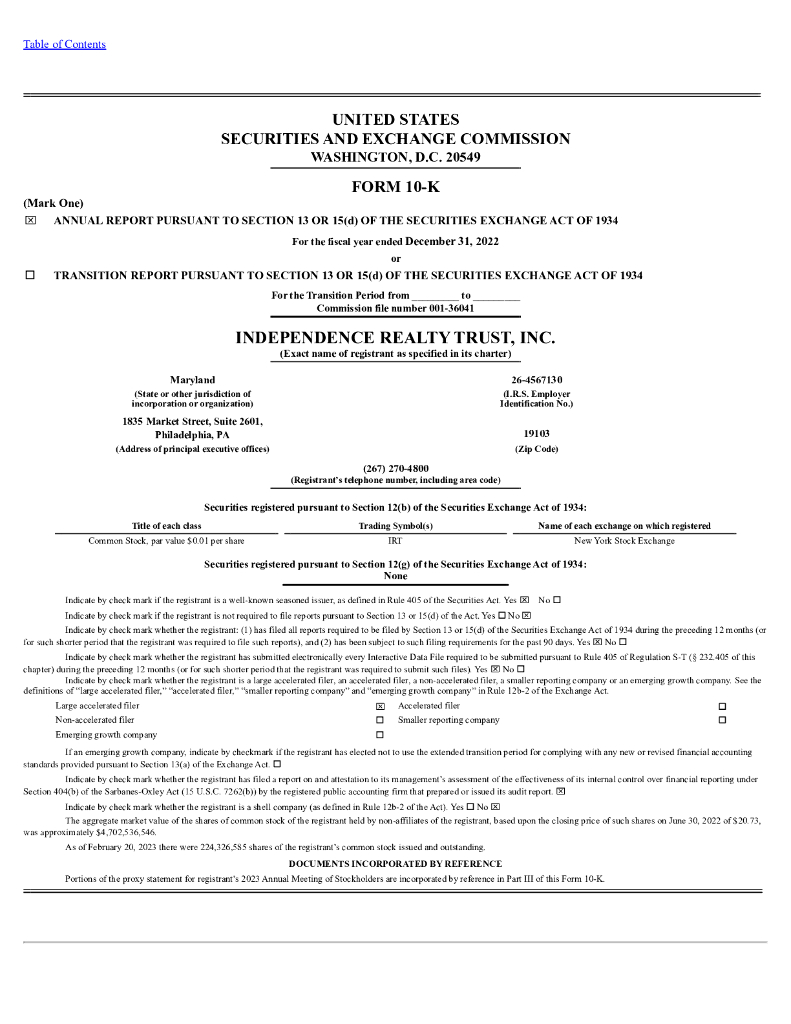 Independence Realty Trust Inc（IRT）2022财年年度报告（英文版）