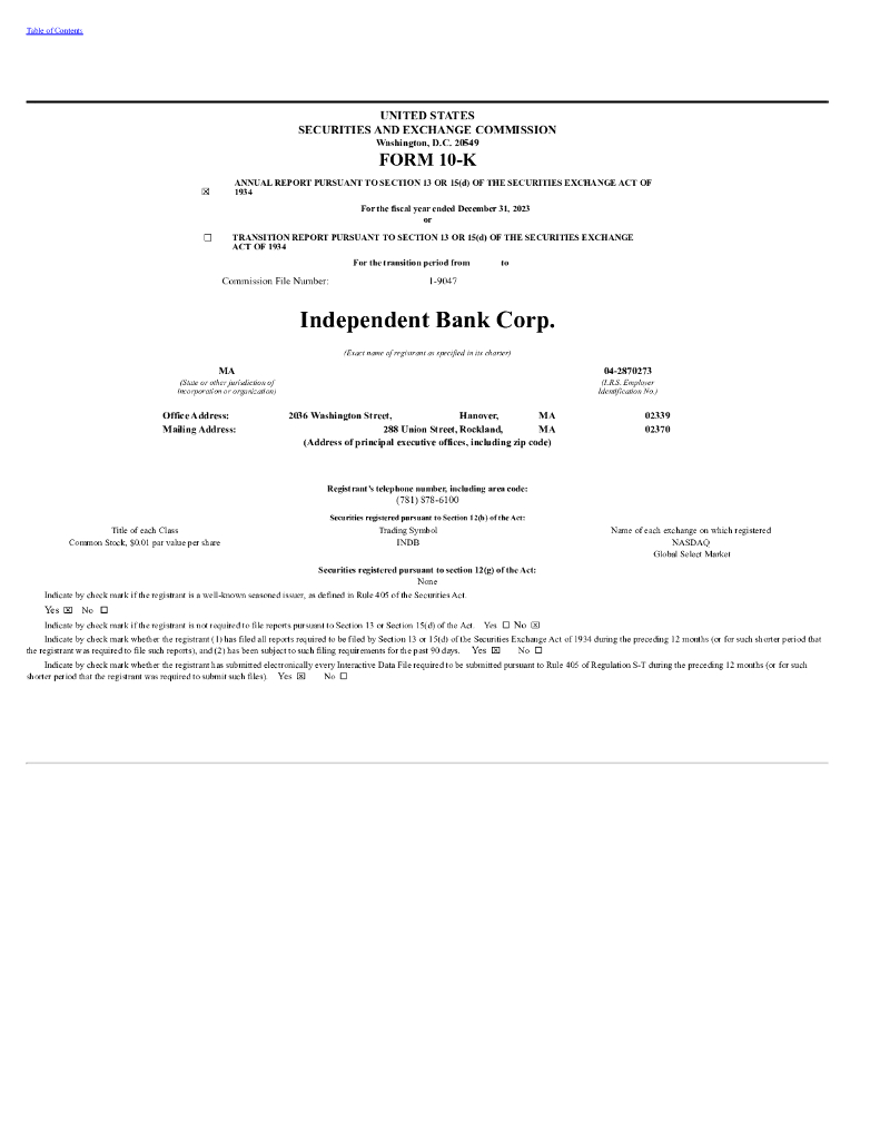 Independent Bank Corp（INDB）2023财年年度报告（英文版）