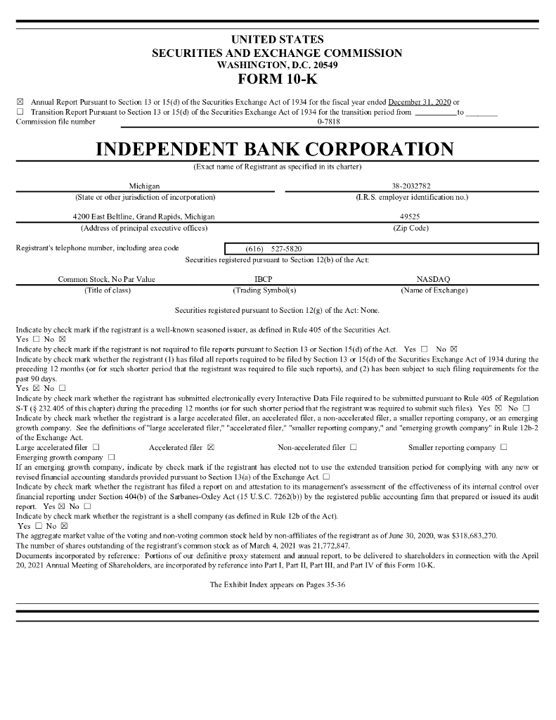 Independent Bank Corporation(MI)（IBCP）2020财年年度报告（英文版）