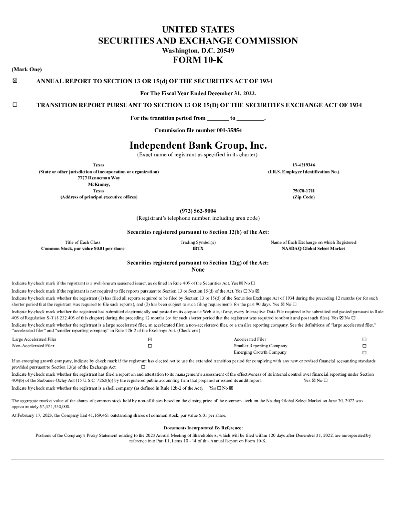 Independent Bank Group Inc（IBTX）2022财年年度报告（英文版）