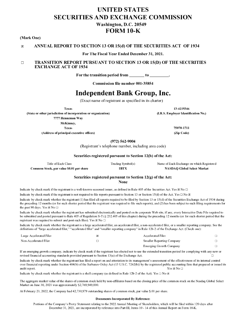 Independent Bank Group Inc（IBTX）2021财年年度报告（英文版）