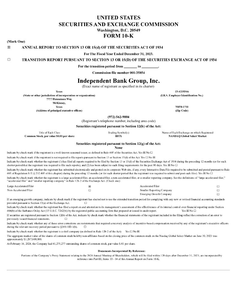Independent Bank Group Inc（IBTX）2023财年年度报告（英文版）