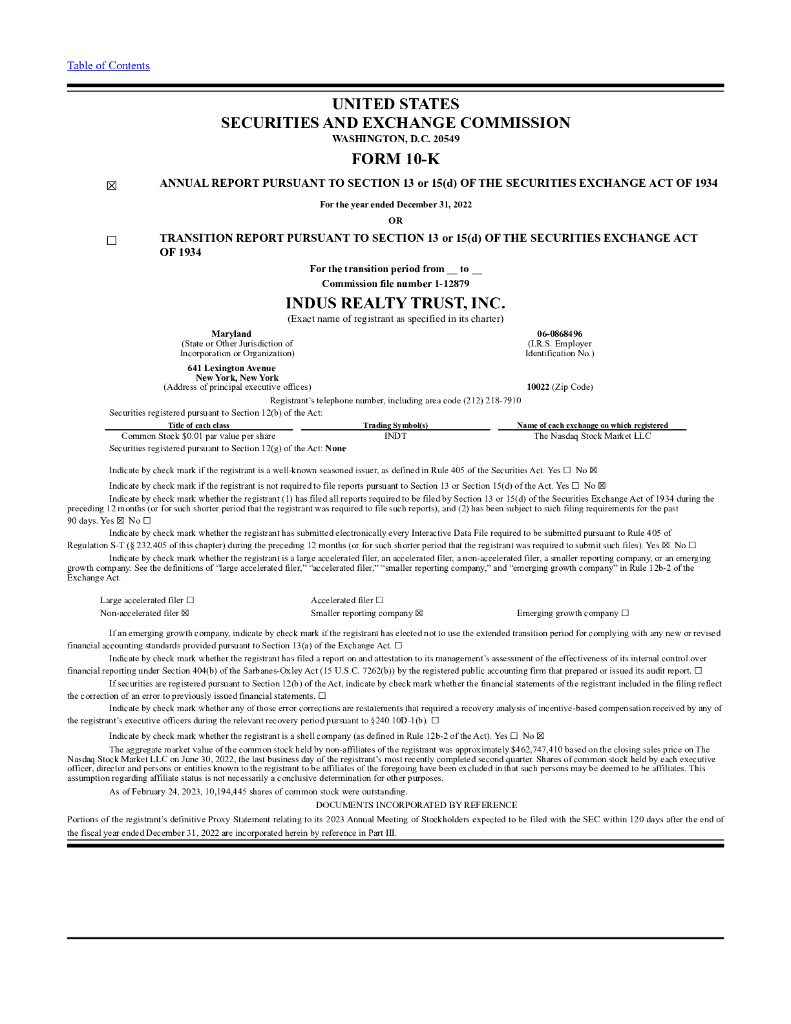 INDUS Realty Trust（INDT）2022财年年度报告（英文版）