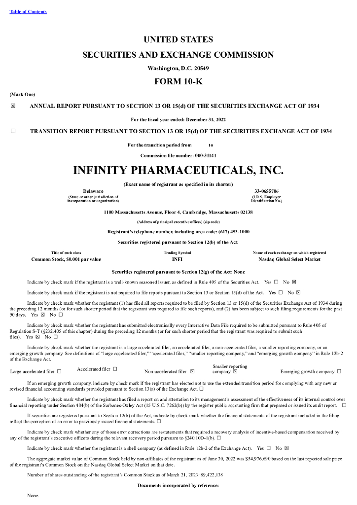 Infinity Pharmaceuticals（INFI）2022财年年度报告（英文版）
