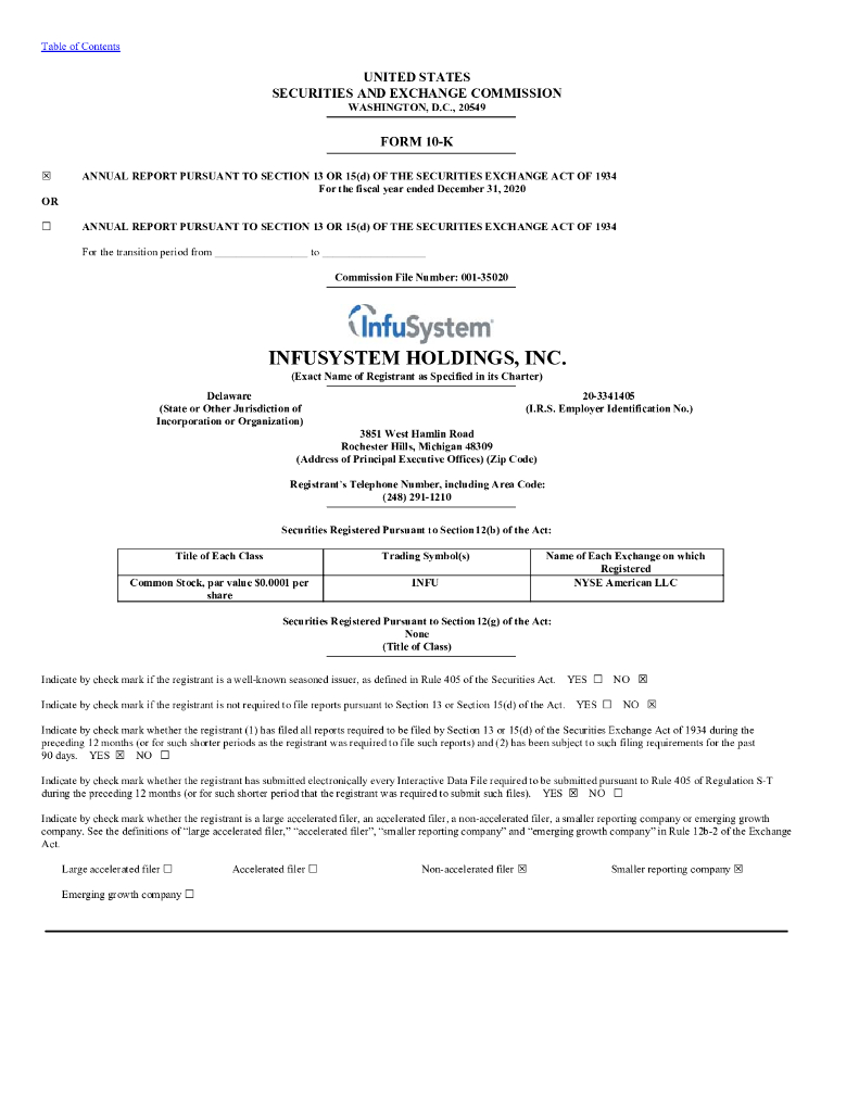 Infusystem Holdings（INFU）2020财年年度报告（英文版）