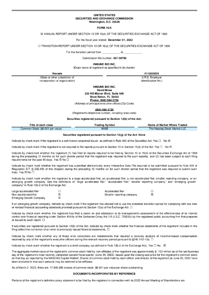 INmune Bio Inc.（INMB）2022财年年度报告（英文版）