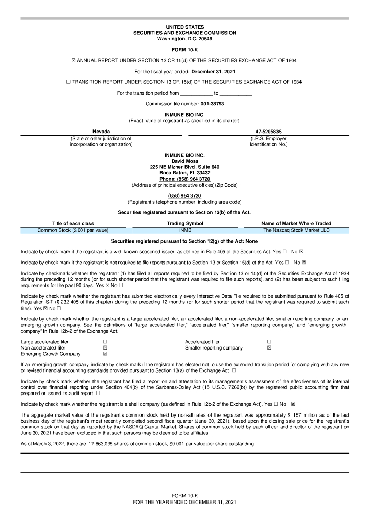 INmune Bio Inc.（INMB）2021财年年度报告（英文版）