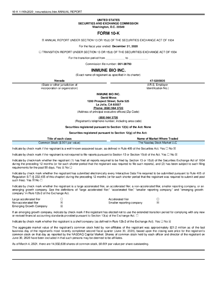 INmune Bio Inc.（INMB）2020财年年度报告（英文版）