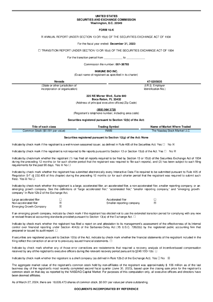 INmune Bio Inc.（INMB）2023财年年度报告（英文版）