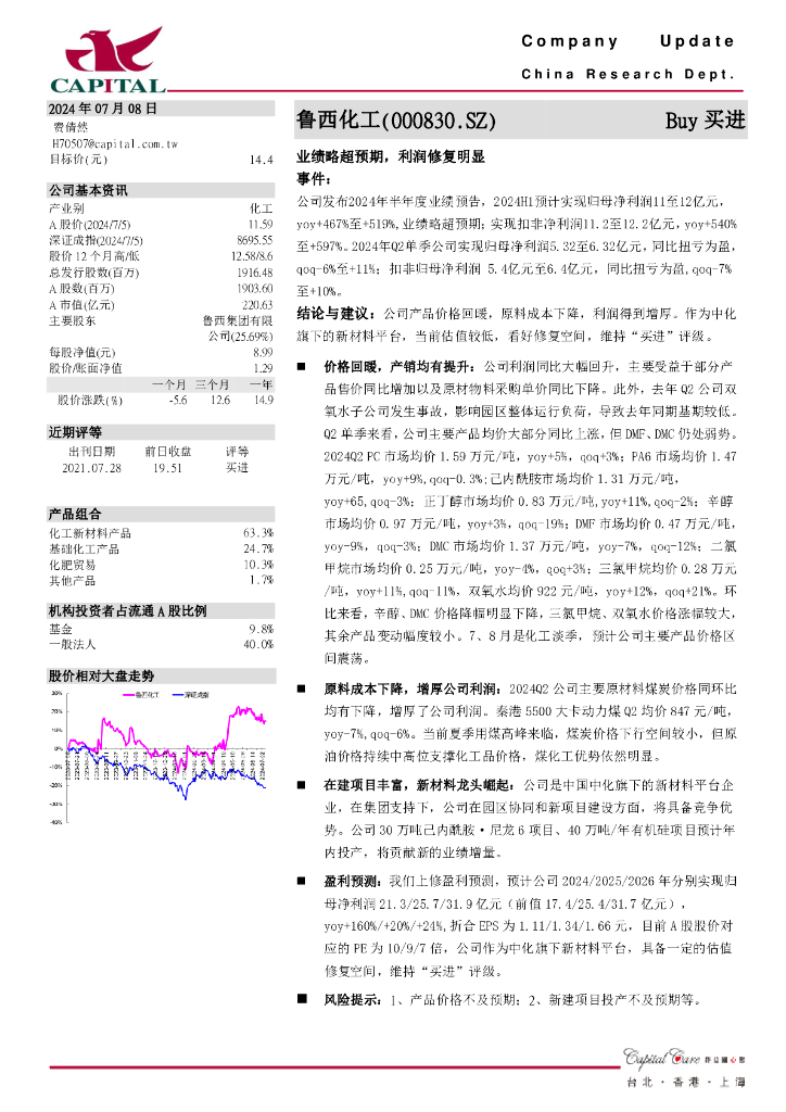 群益证券：鲁西化工（000830）-业绩略超预期，利润修复明显